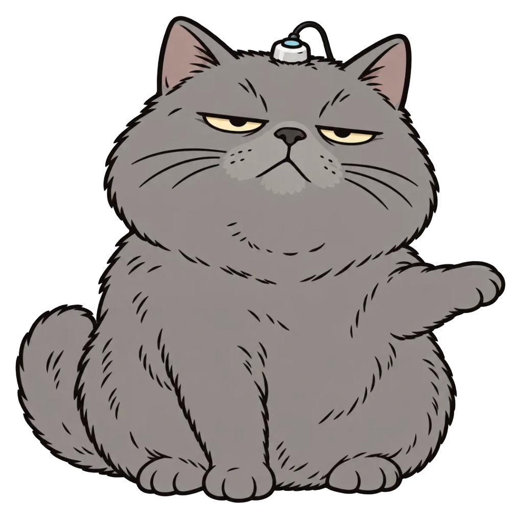 The ACI cat sitting upright, unimpressed, one paw extended sideways
