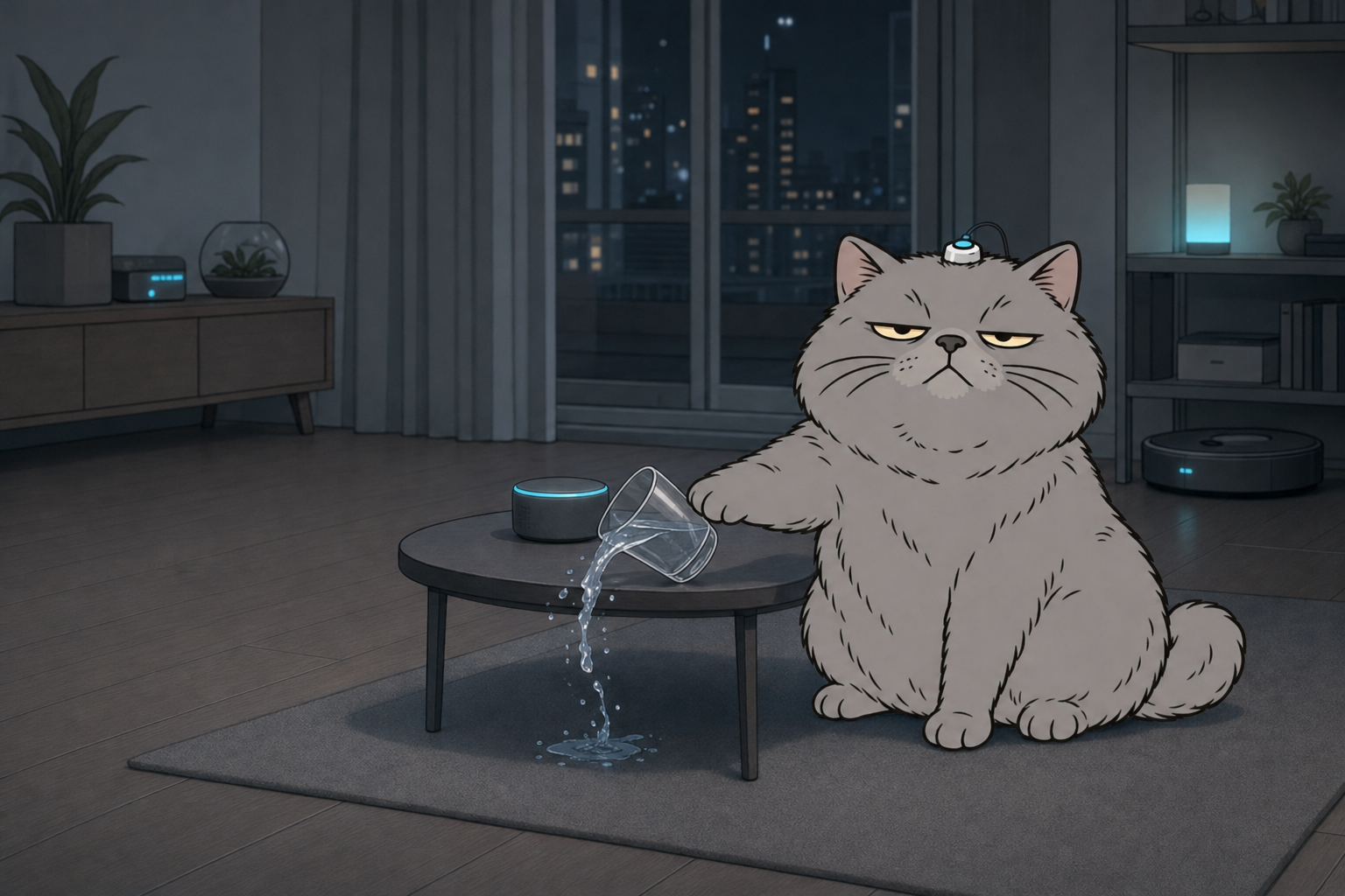 The grey ACI cat, a sensor on its head, calmly pushing a glass of water off a table in a dark living room at night